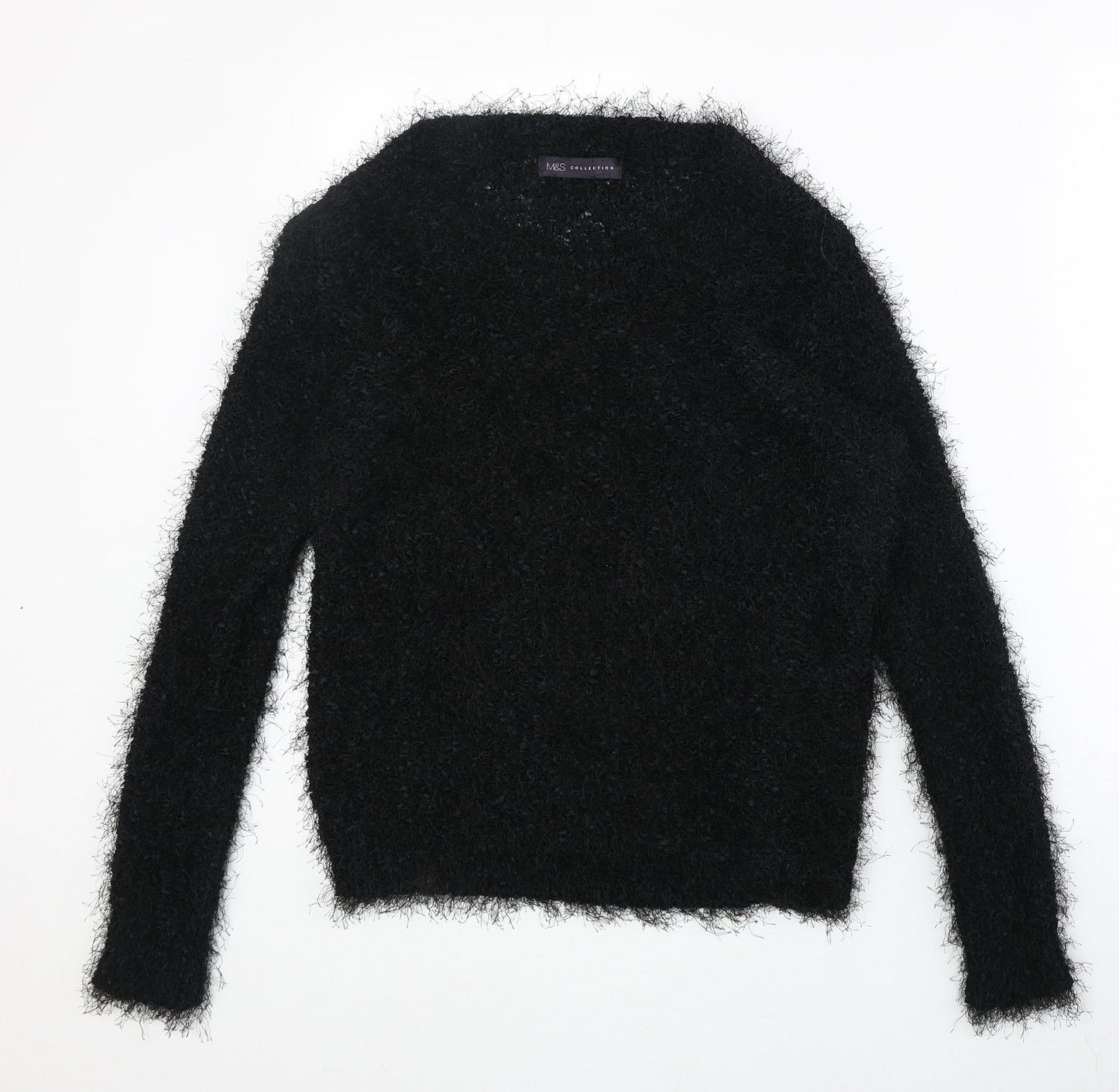 Marks and Spencer Womens Black Round Neck Herringbone Polyester Pullover Jumper Size 8