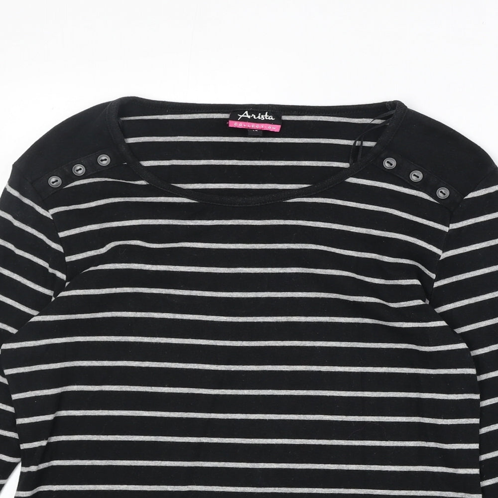 Arista Womens Black Striped Cotton Basic Blouse Size 14 Round Neck