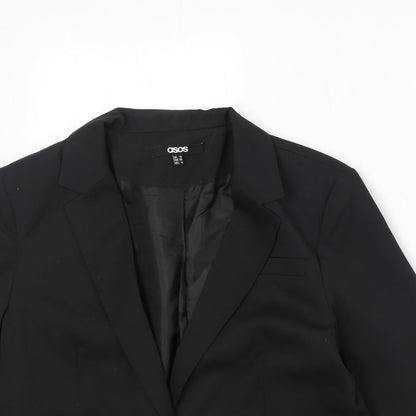 Close-up detail of ASOS women’s black polyester jacket blazer, size UK 12