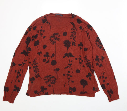 Marks and Spencer Womens Orange Round Neck Floral Viscose Pullover Jumper Size 12
