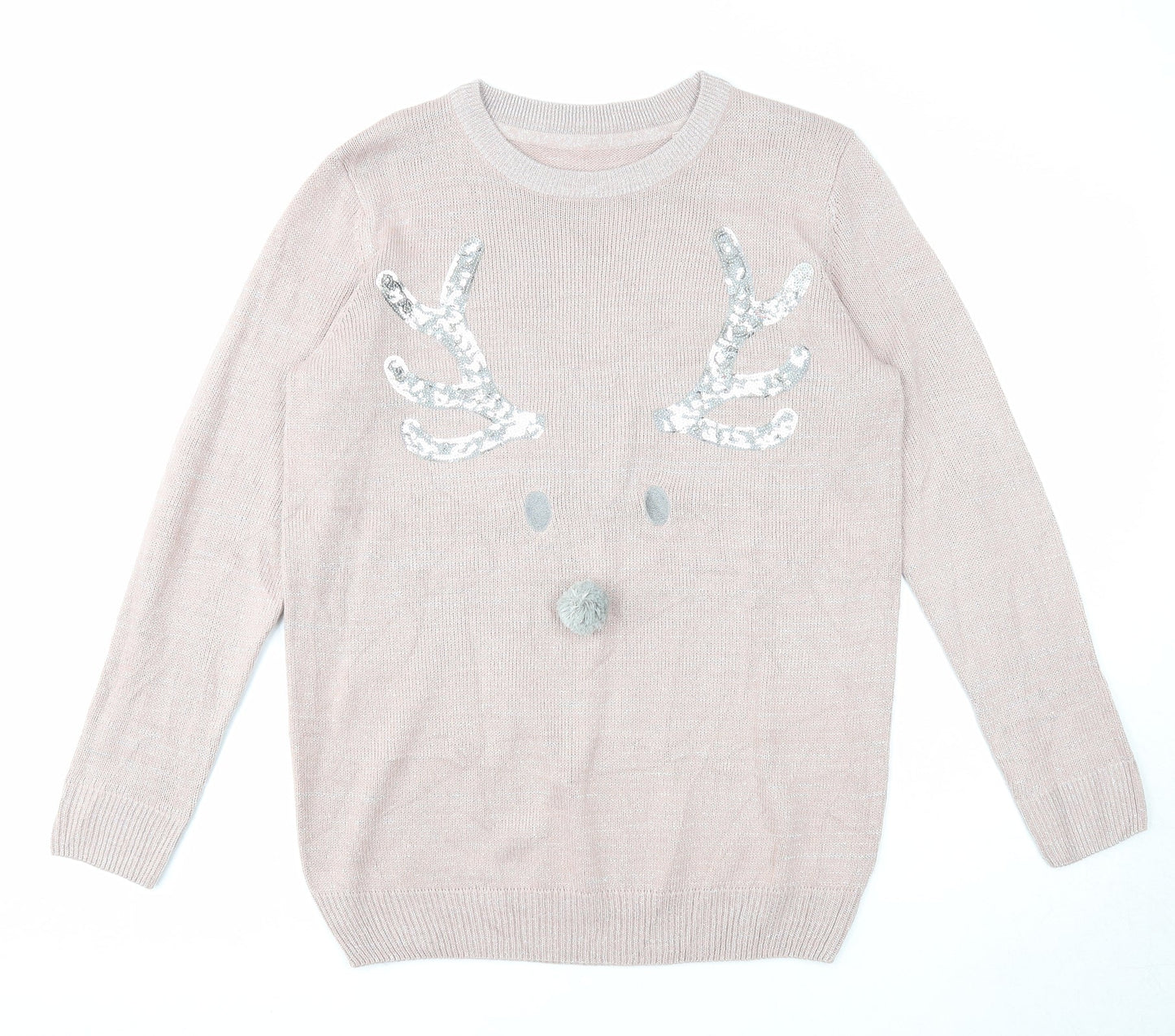 Blooming Marvellous Womens Pink Round Neck Acrylic Pullover Jumper Size M - Reindeer