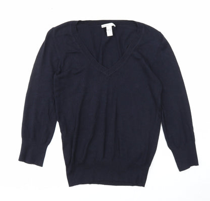 Mango Womens Blue V-Neck Viscose Pullover Jumper Size M