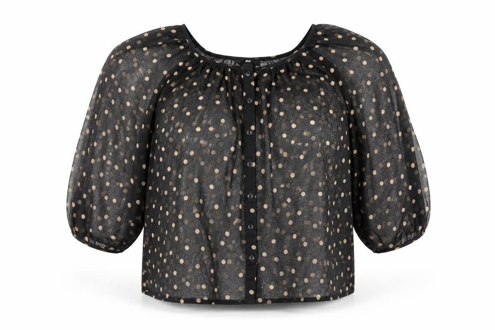 H&M Womens Black Polka Dot Polyester Cropped Blouse Size 6 Round Neck