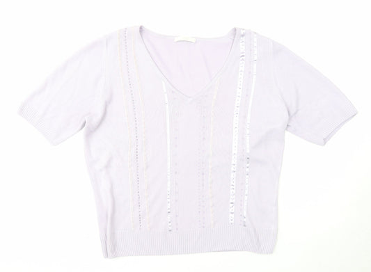 Marks and Spencer Womens Purple V-Neck Acrylic Pullover Jumper Size 16