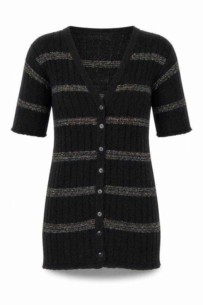 Richards Womens Black V-Neck Striped Acrylic Cardigan Jumper Size S
