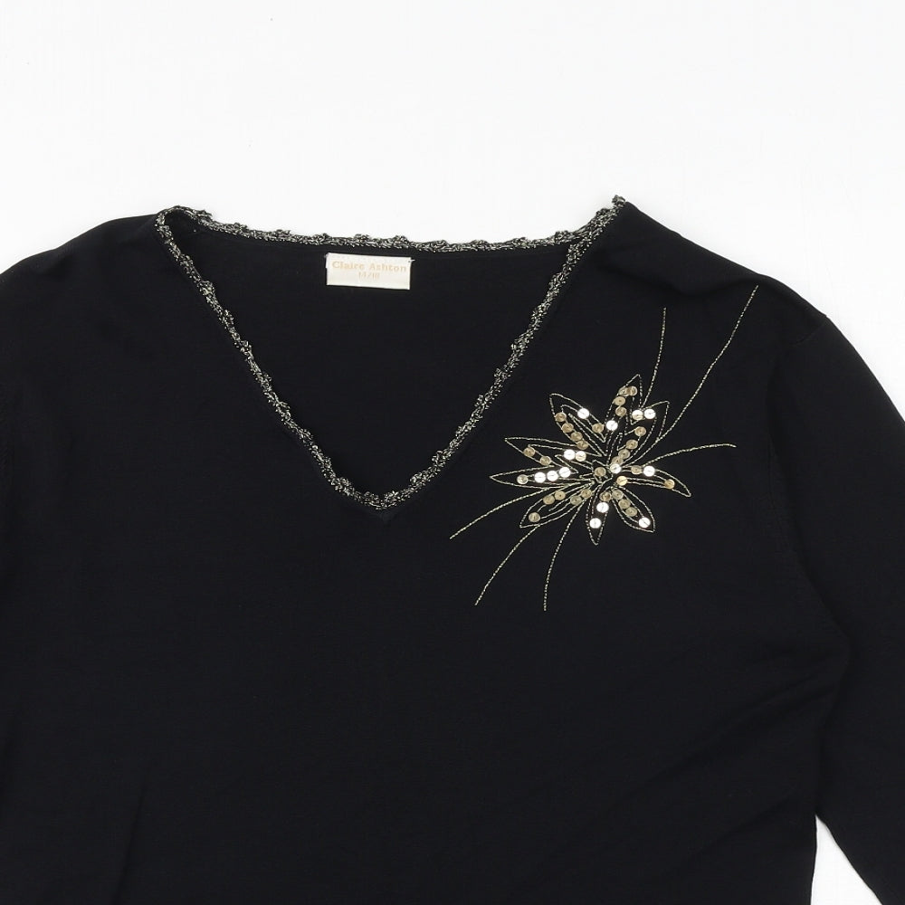 Claire Ashton Womens Black Viscose Basic Blouse Size 14 V-Neck