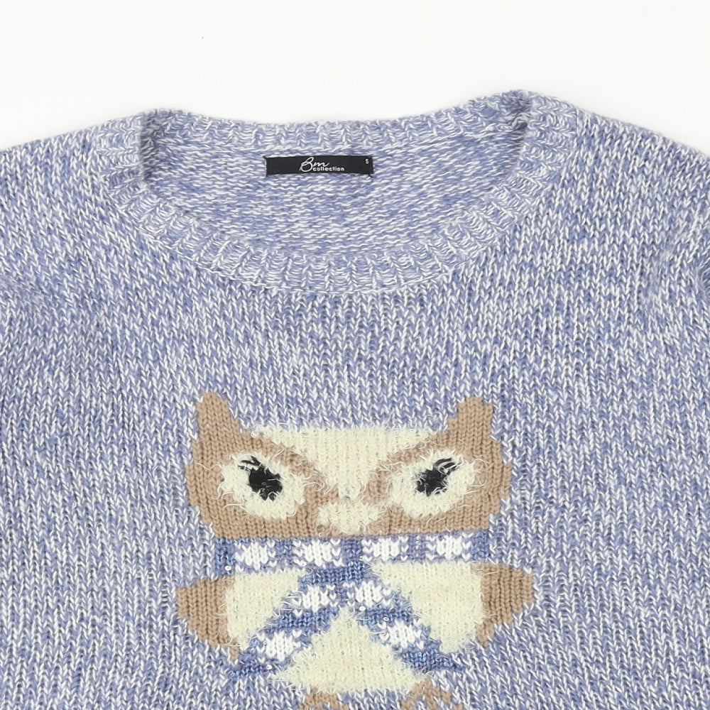 Bonmarché Womens Blue Round Neck Acrylic Pullover Jumper Size S - Owl Pattern