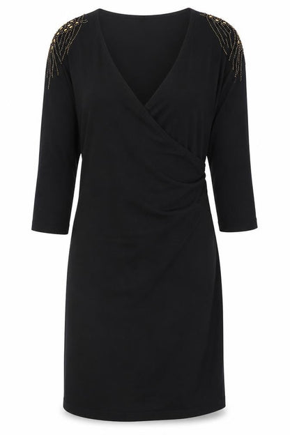 Front view of Kaliko women’s black v-neck viscose jumper, size UK 14