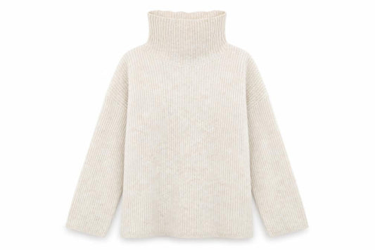 Front view of ASOS women’s beige roll neck polyester jumper, size UK 8