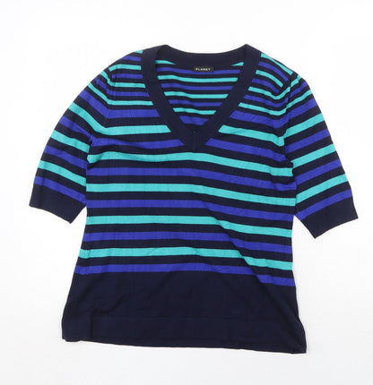 Planet Womens Multicoloured V-Neck Striped Viscose Pullover Jumper Size S