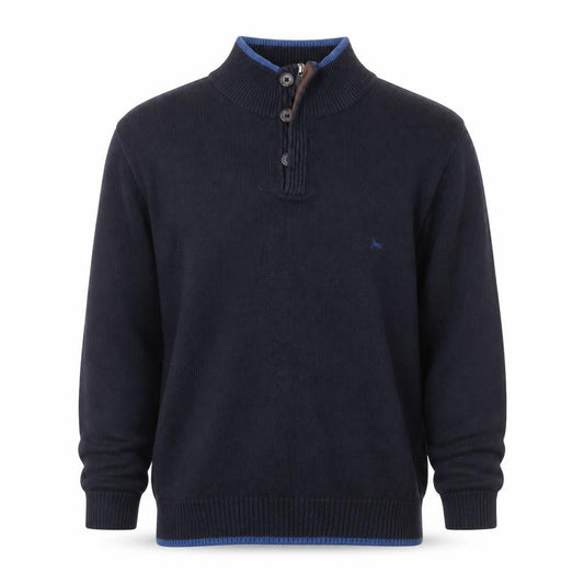 J.Hampton Mens Blue High Neck Cotton Henley Jumper Size M Long Sleeve - Elbow Patches