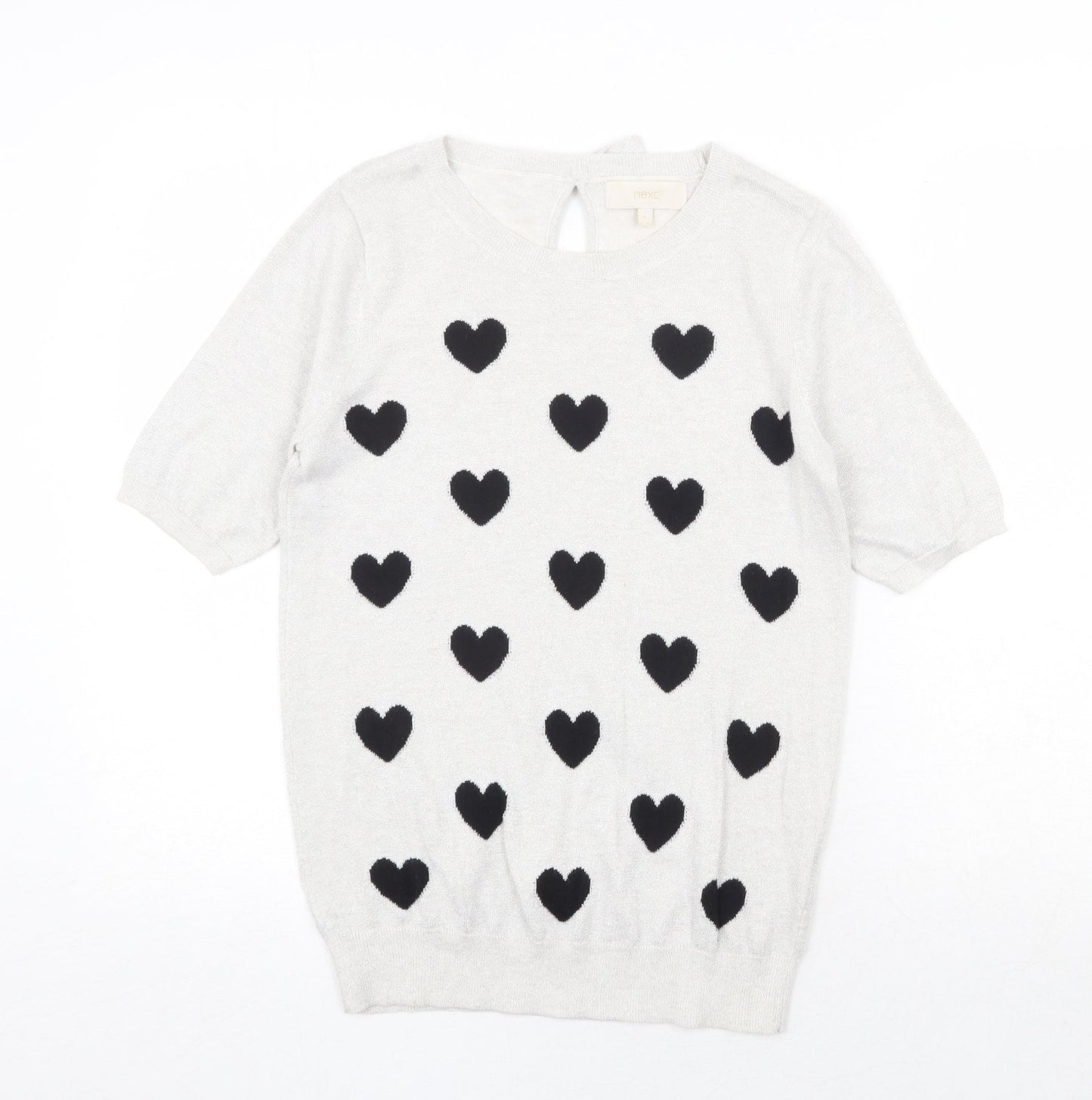 NEXT Womens Silver Round Neck Geometric Cotton Pullover Jumper Size 6 - Heart Pattern