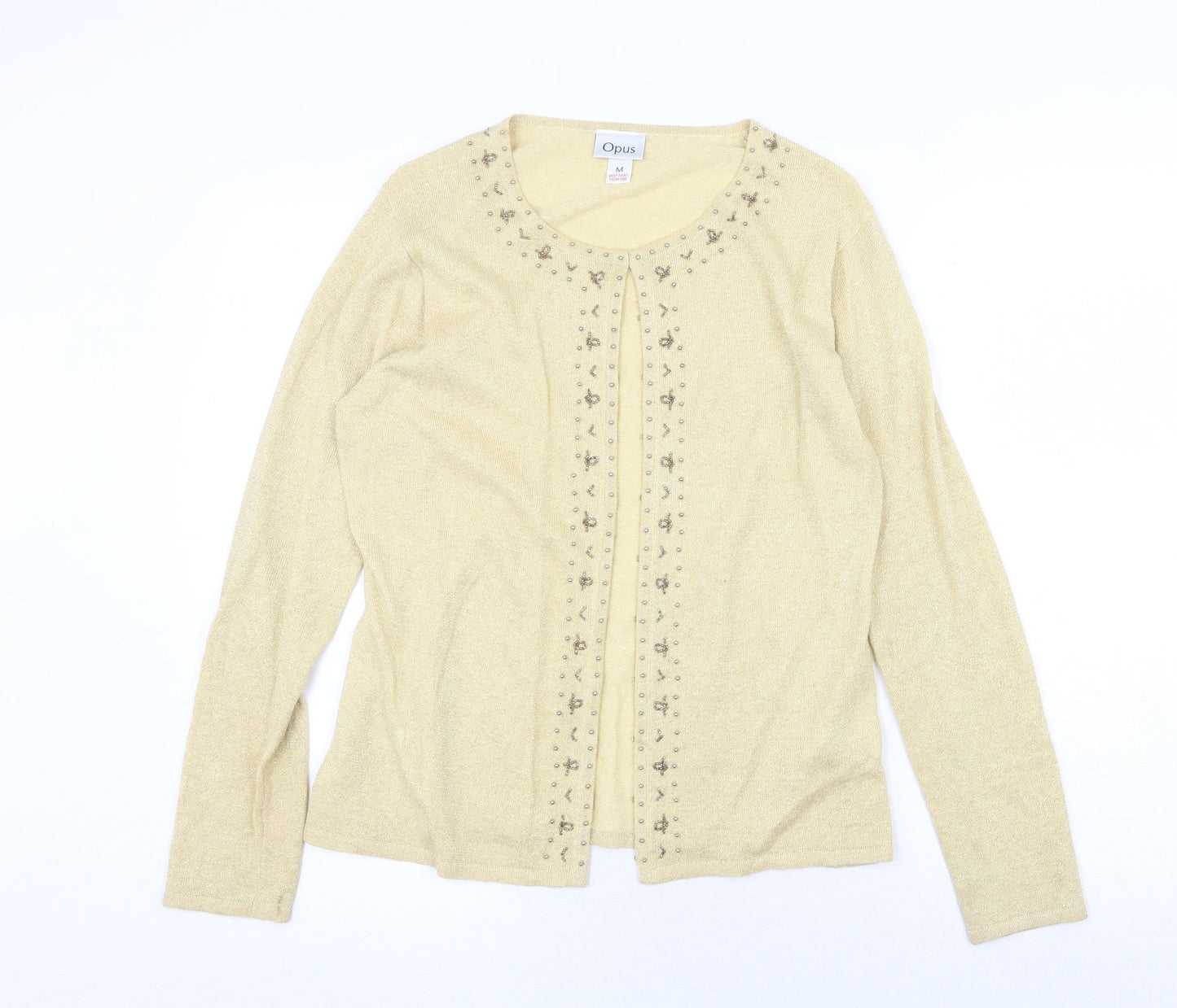OPUS Womens Gold Round Neck Ramie Cardigan Jumper Size M