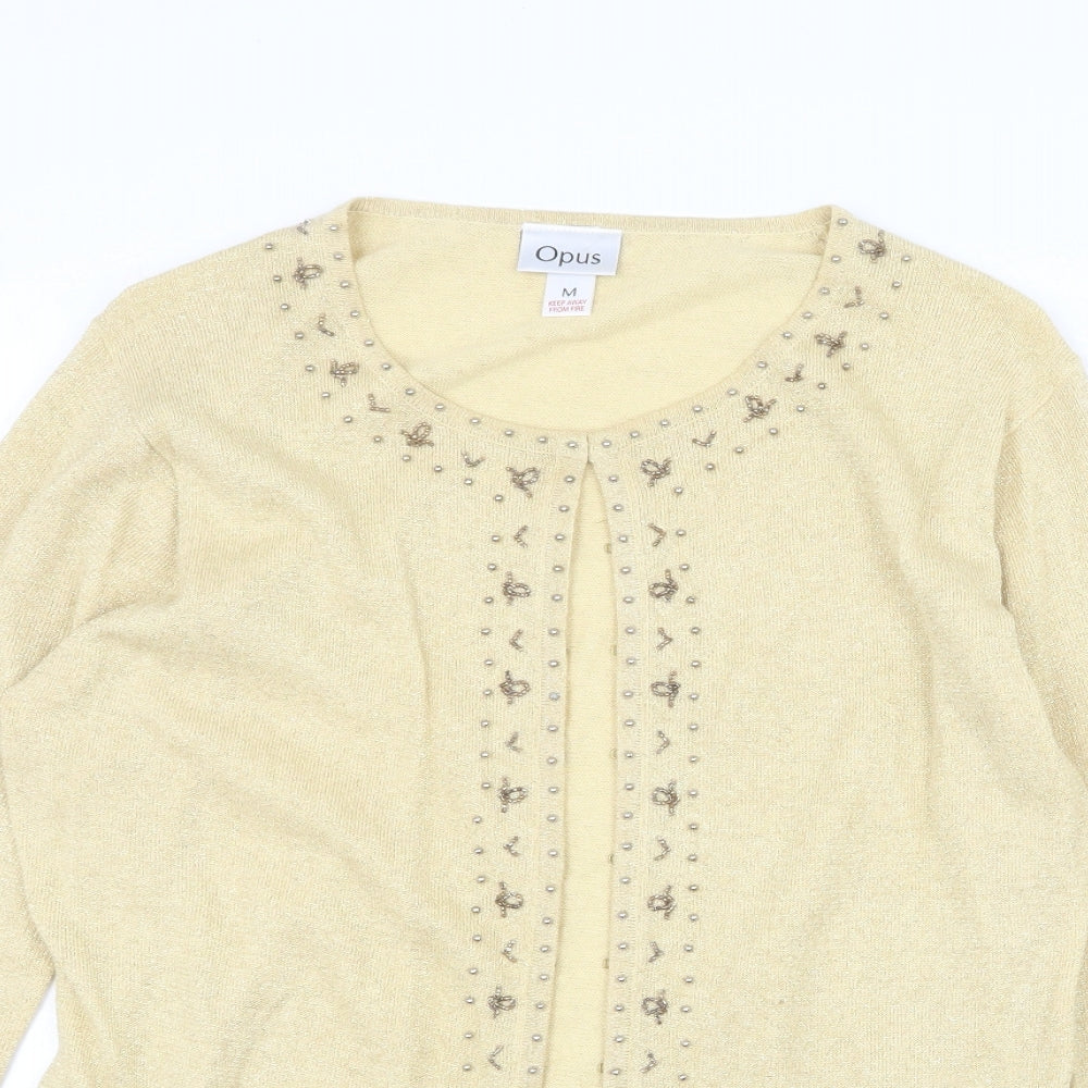 OPUS Womens Gold Round Neck Ramie Cardigan Jumper Size M