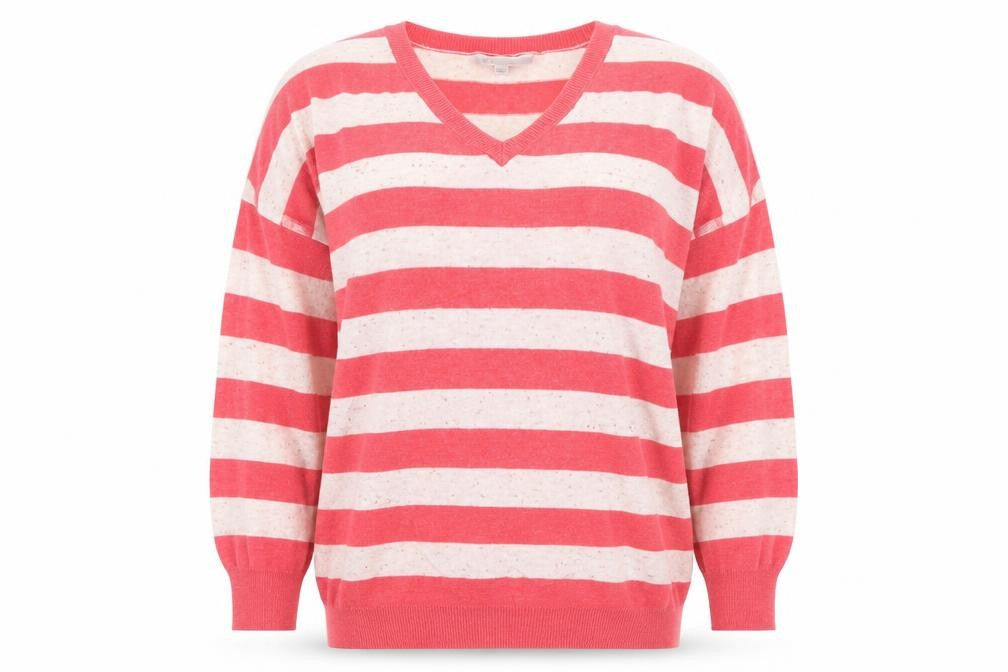 New Look Womens Red V-Neck Striped Cotton Pullover Jumper Size M