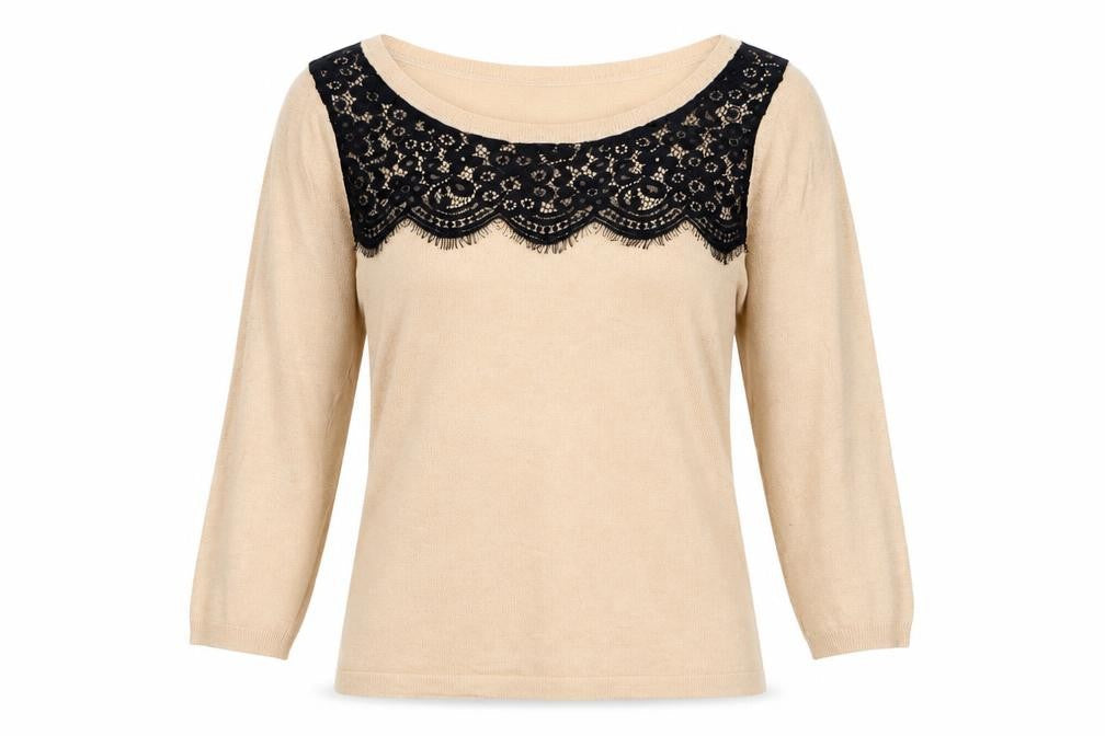 Marks & Spencer Womens Beige Round Neck Viscose Pullover Jumper Size 10 - Lace Detail
