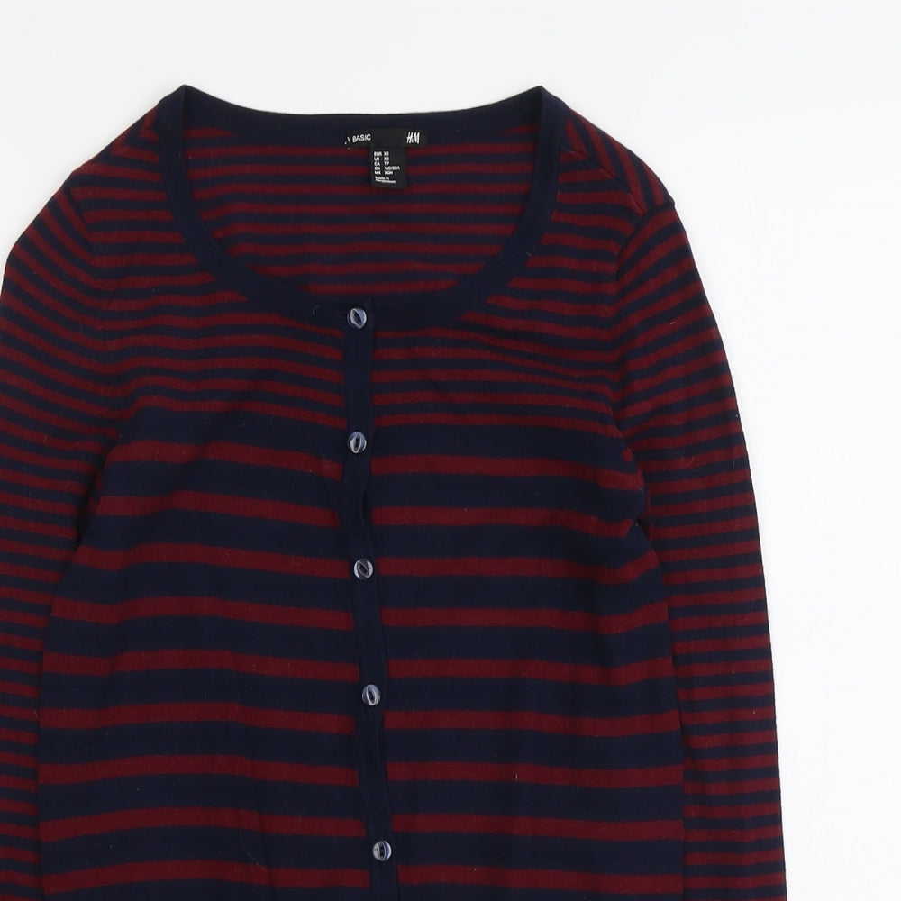 H&M Womens Blue Scoop Neck Striped Cotton Cardigan Jumper Size XS