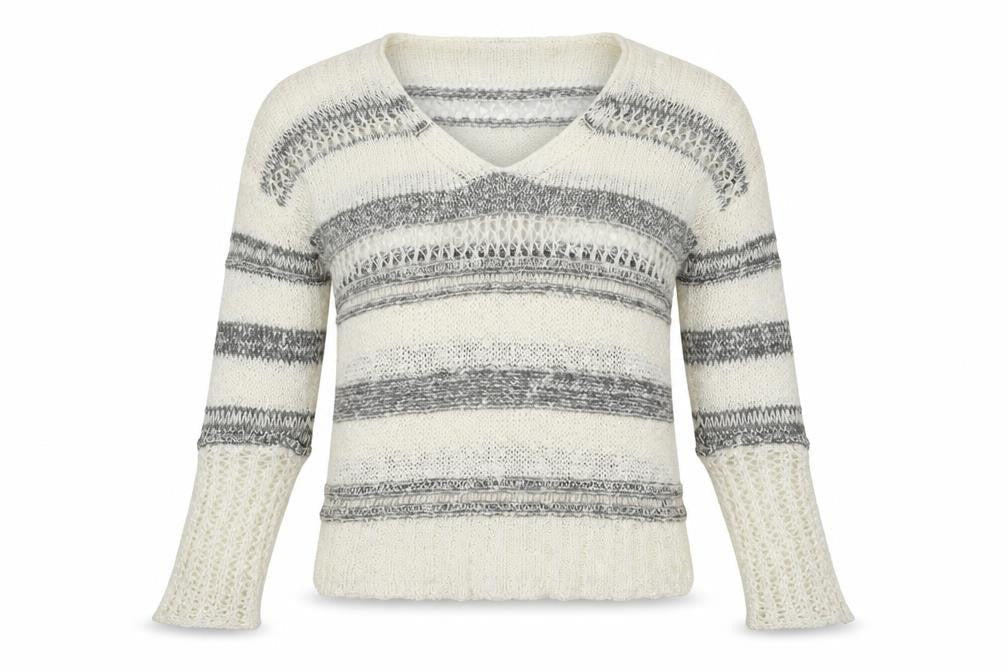 Storia Womens Ivory V-Neck Striped Acrylic Pullover Jumper Size S