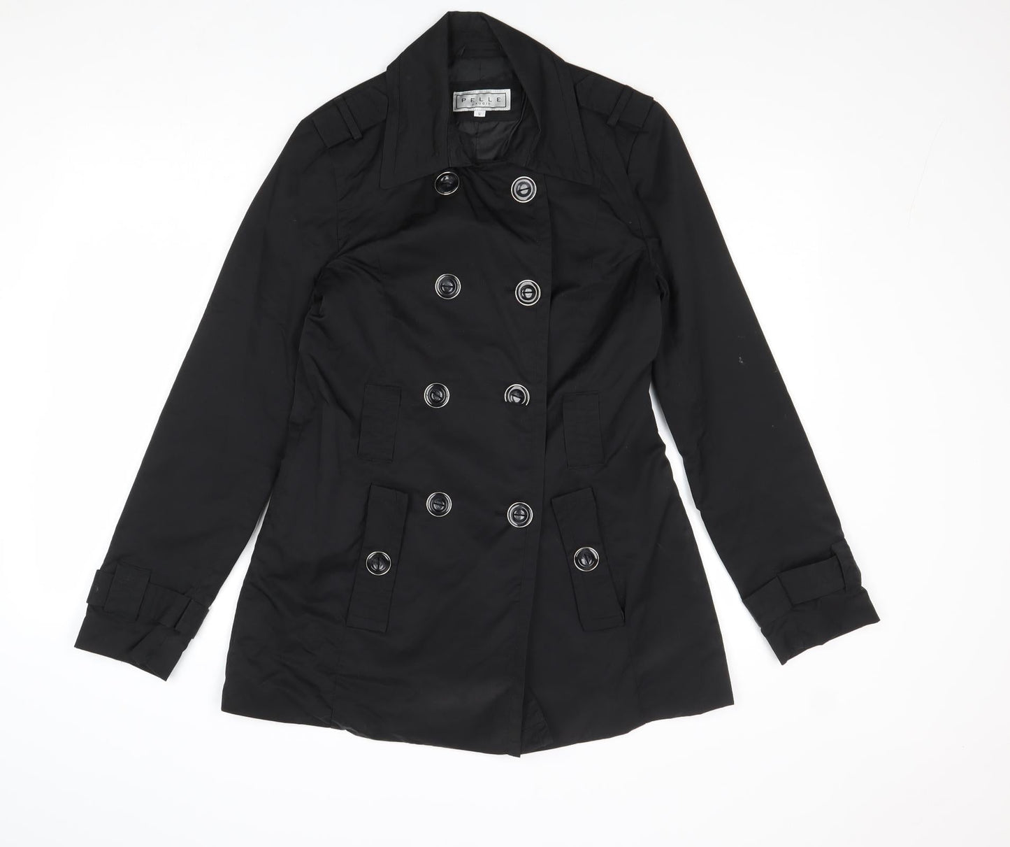 Pelle Womens Black Trench Coat Coat Size S Button