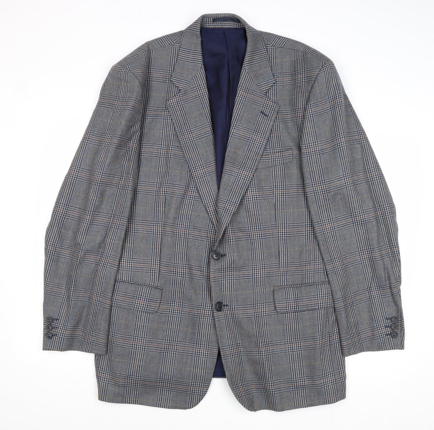 Hornes Mens Blue Plaid Wool Jacket Blazer Size 44 Regular