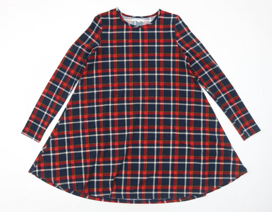 Glamorous Womens Blue Plaid Polyester Trapeze & Swing Size 10 Round Neck Pullover