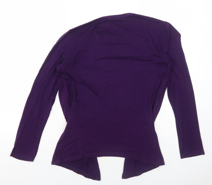 Back view of Oui women’s purple viscose basic blouse, size M, v-neck - open