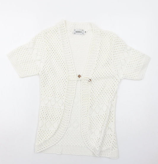Henna Womens White V-Neck Cotton Cardigan Jumper Size M