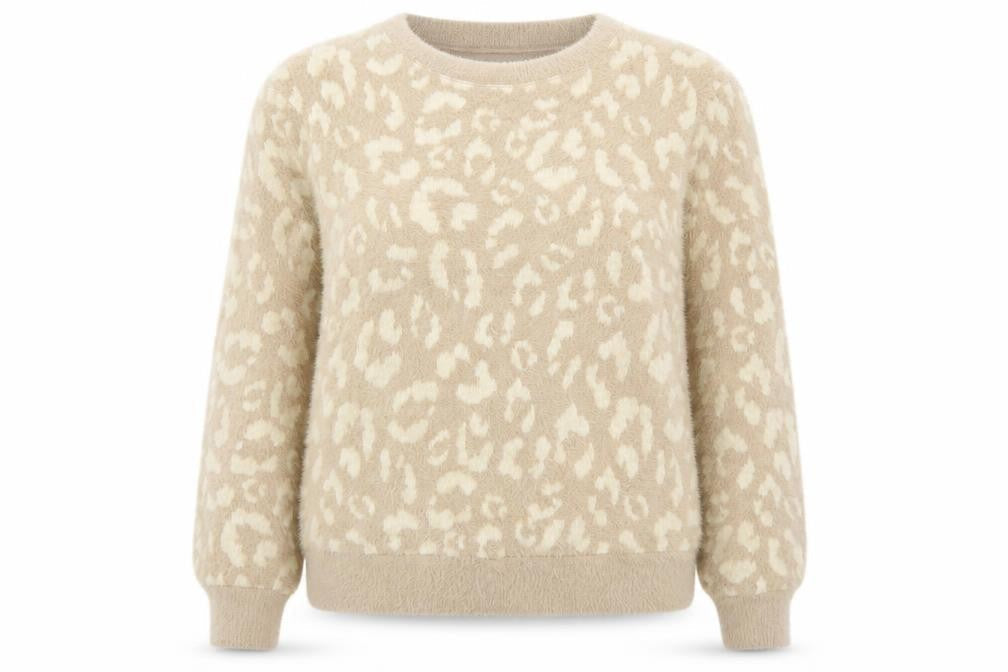 Marks & Spencer Womens Beige Round Neck Animal Print Polyamide Pullover Jumper Size XS - Leopard Pattern