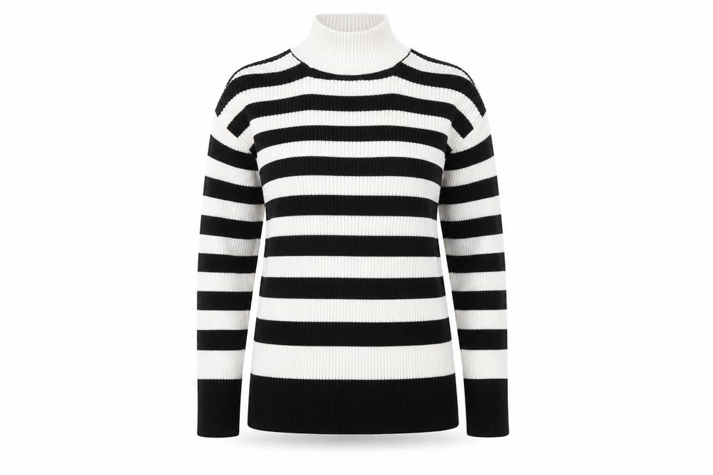 Marks & Spencer Womens Black High Neck Striped Cotton Pullover Jumper Size XS - Ribbed