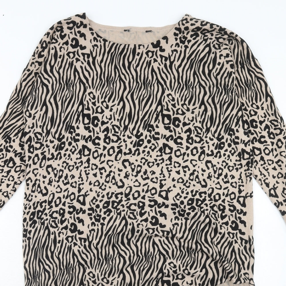 Debenhams Womens Brown Animal Print Viscose Tunic Blouse Size 12 Boat Neck