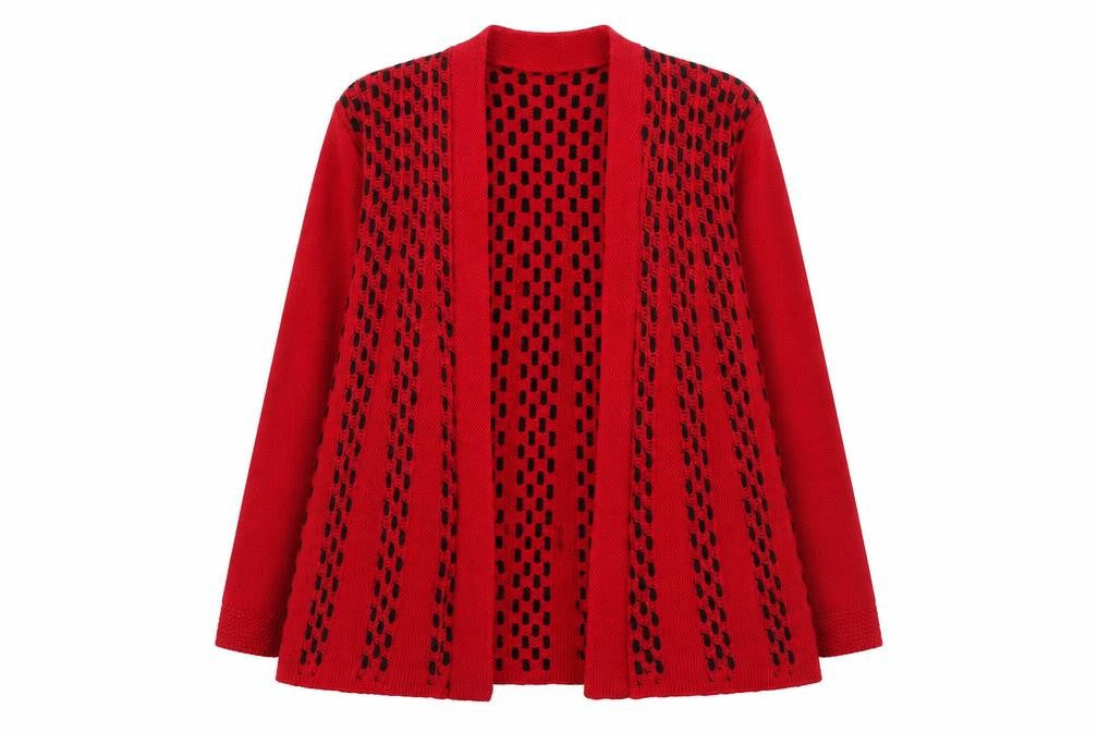Lizz Clarke Womens Red V-Neck Geometric Acrylic Cardigan Jumper Size S