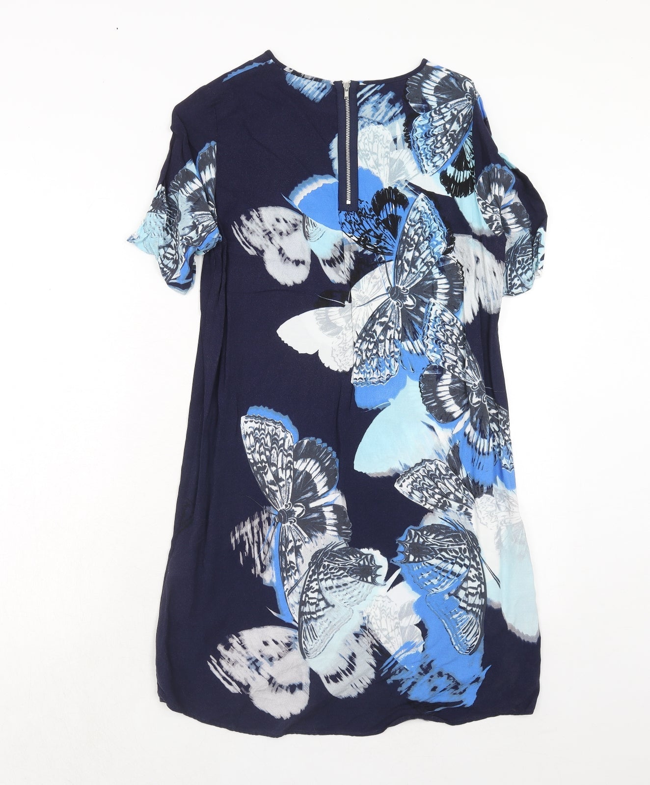 Warehouse Womens Blue Geometric Viscose T-Shirt Dress Size 12 Round Neck Zip