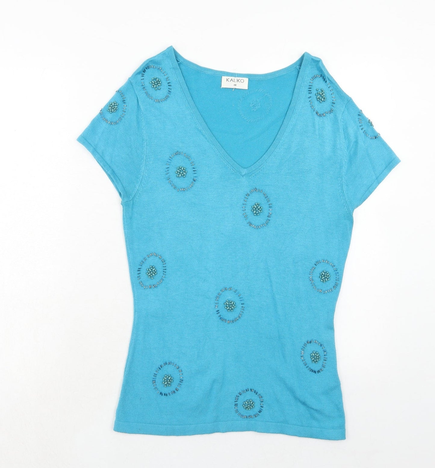 Kaliko Womens Blue V-Neck Geometric Viscose Pullover Jumper Size 10