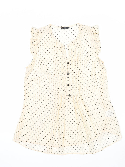 Roman Womens Beige Polka Dot Polyester Basic Button-Up Size 10 V-Neck