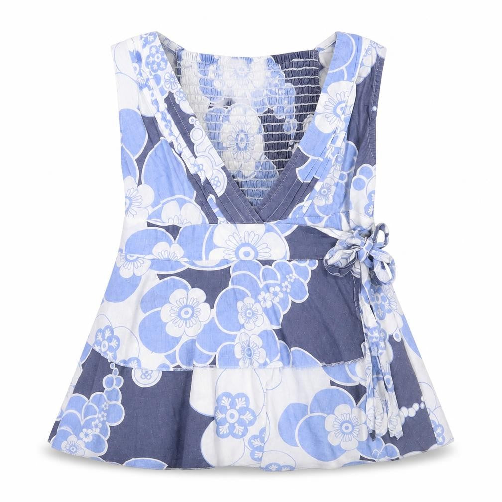 NEXT Girls Blue Geometric Cotton Basic Tank Size 7 Years V-Neck Button