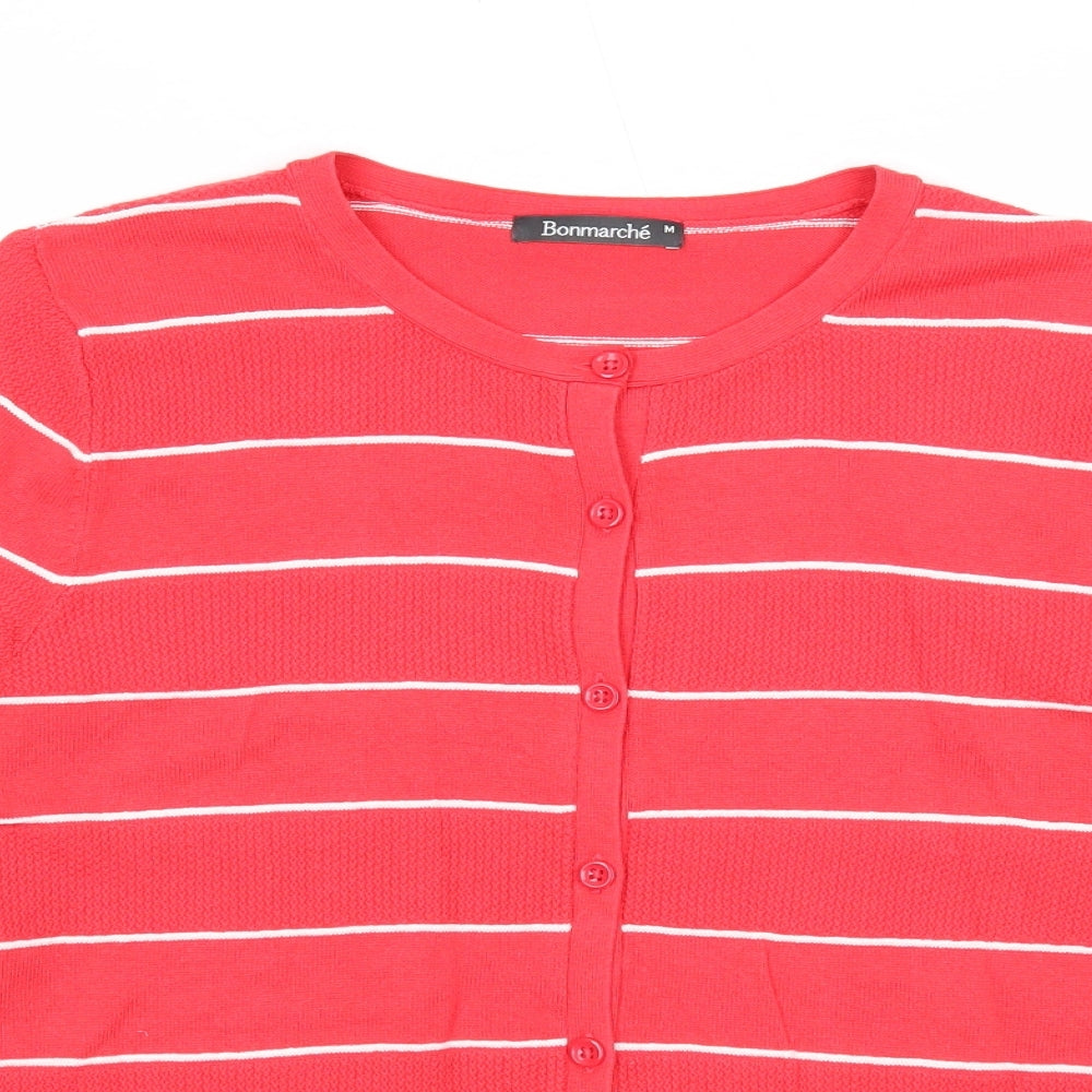 Bonmarché Womens Red Round Neck Striped Cotton Cardigan Jumper Size M