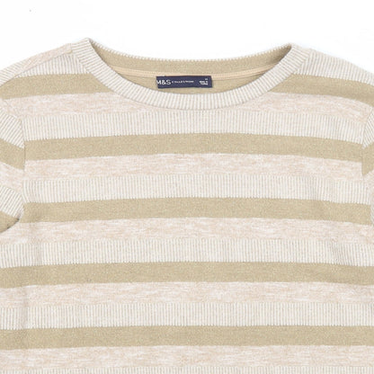 Marks & Spencer Womens Beige Boat Neck Striped Polyester Pullover Jumper Size 12