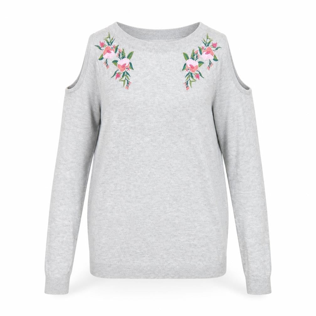 Dorothy Perkins Womens Grey Boat Neck Viscose Pullover Jumper Size 8 - Floral Detail Cold Shoulder