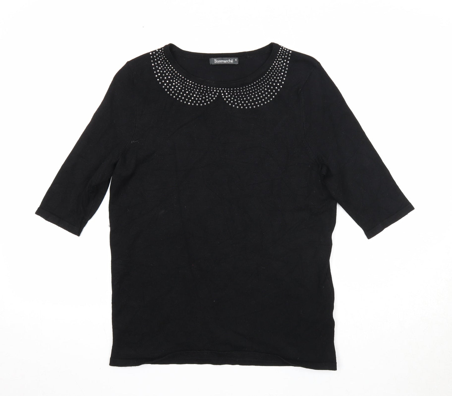 Bonmarché Womens Black Boat Neck Viscose Pullover Jumper Size S - Embellished Neckline