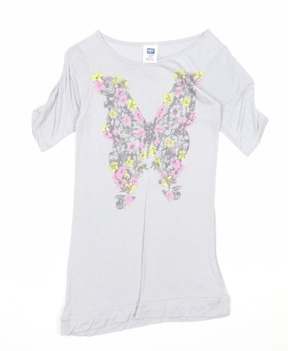 M&Co Girls Grey Viscose Basic Blouse Size 7-8 Years Round Neck Pullover - Butterfly Print