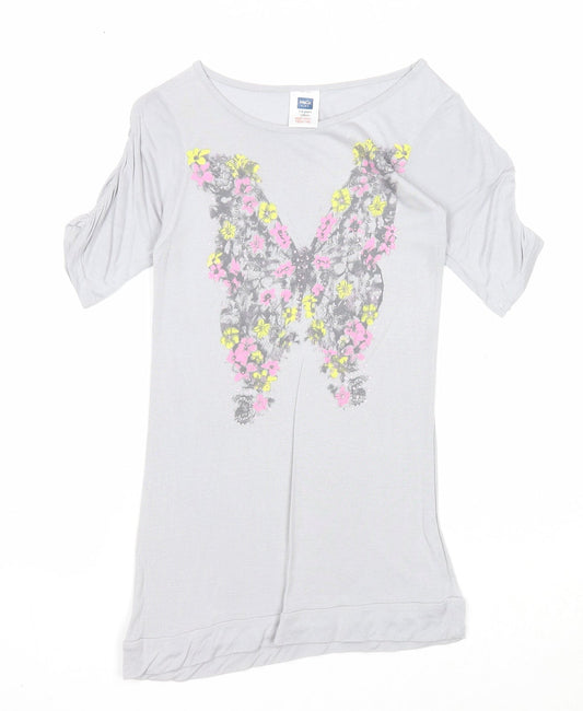 M&Co Girls Grey Viscose Basic Blouse Size 7-8 Years Round Neck Pullover - Butterfly Print