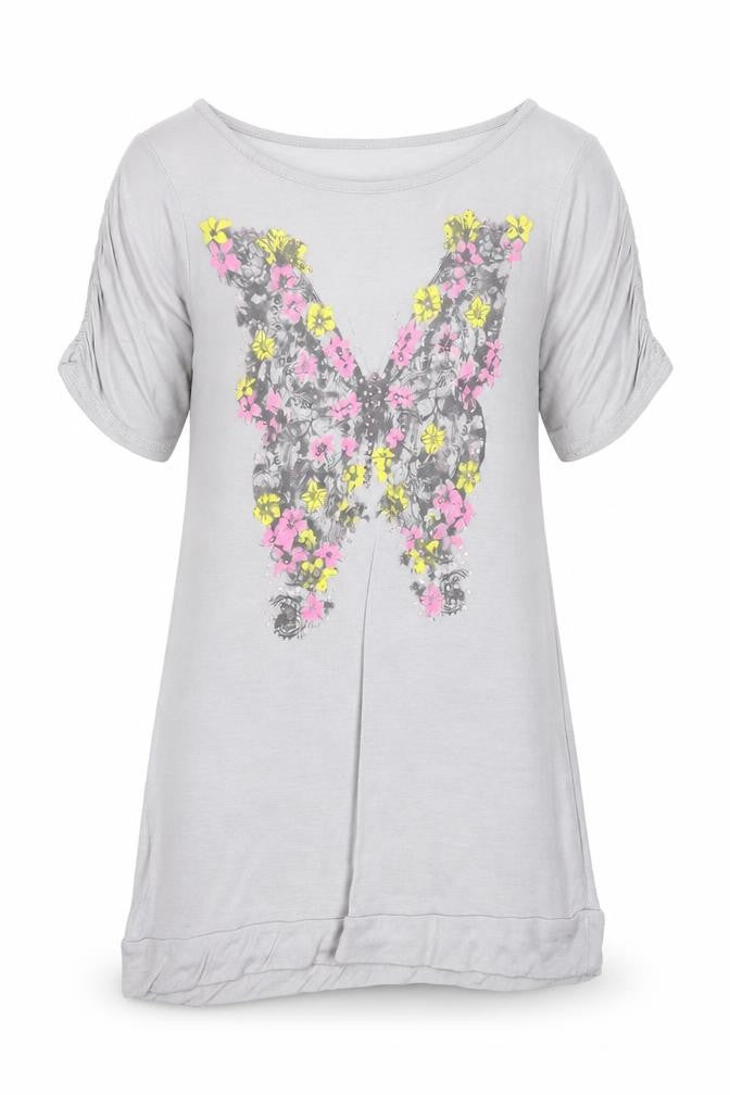 M&Co Girls Grey Viscose Basic Blouse Size 7-8 Years Round Neck Pullover - Butterfly Print