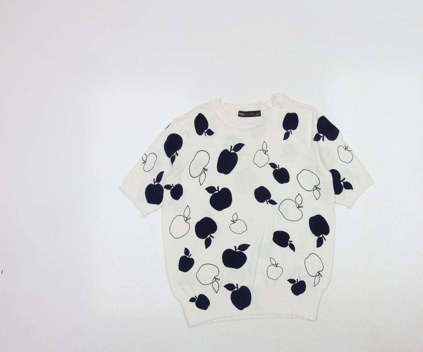 Marks and Spencer Womens White Round Neck Geometric Viscose Pullover Jumper Size 8 - Apple Print