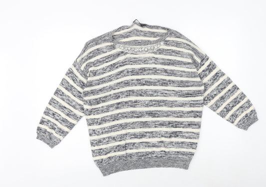 Dorothy Perkins Womens Grey Boat Neck Striped 100% Cotton Pullover Jumper Size 14 - Embellished Neckline