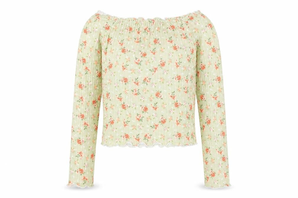 New Look Womens Green Floral Polyester Basic Blouse Size 8 Off the Shoulder