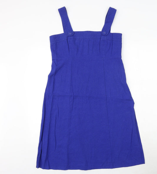 Kenar Womens Blue Linen Pinafore/Dungaree Dress Size 14 Square Neck Zip