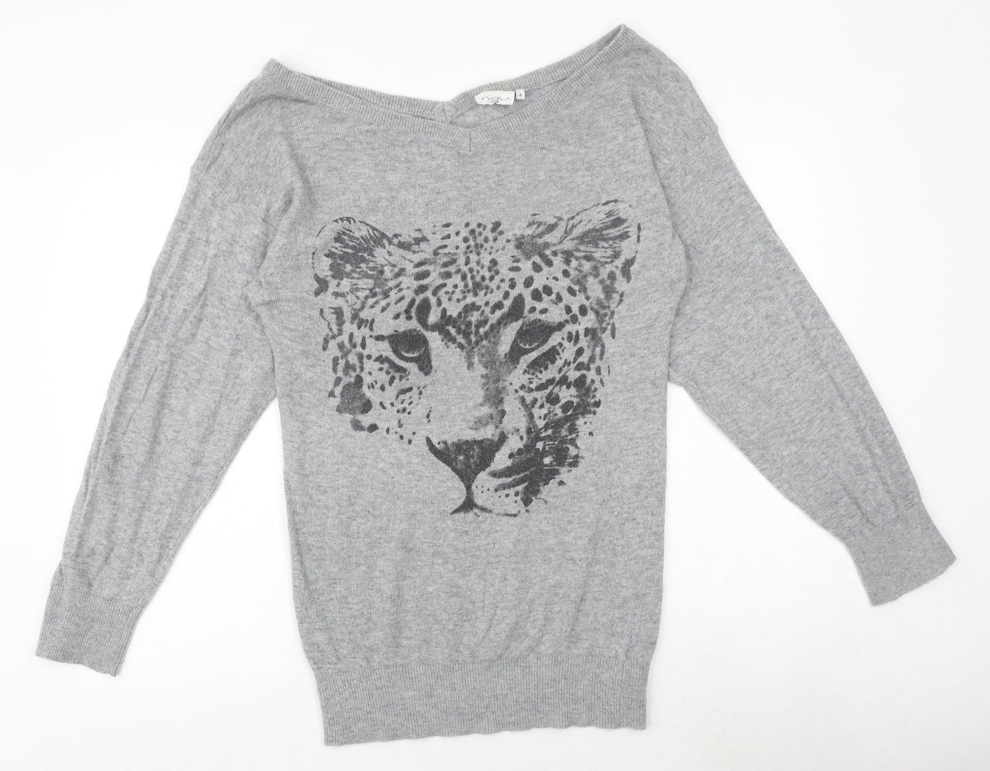 New Look Womens Grey Boat Neck Polyamide Pullover Jumper Size 8 - Leopard