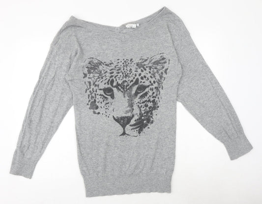 New Look Womens Grey Boat Neck Polyamide Pullover Jumper Size 8 - Leopard