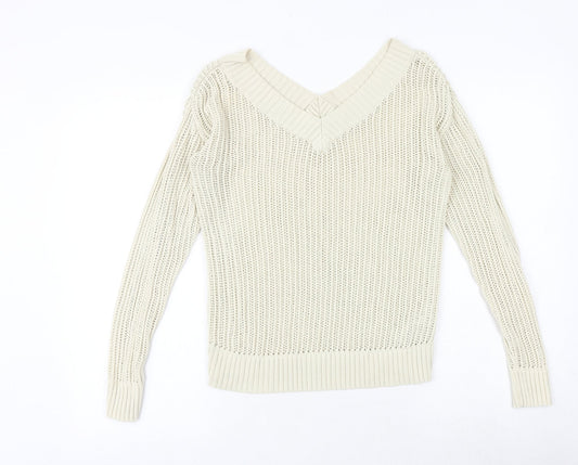 NEXT Womens Beige V-Neck 100% Cotton Pullover Jumper Size XS