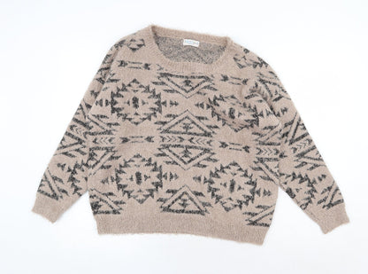 Marks & Spencer Womens Beige Boat Neck Geometric Polyester Pullover Jumper Size 16